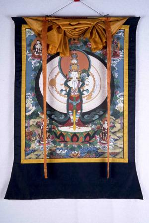 Vintage Arya 1000 armed Chengrezig flanked by White Tara , Green Tara with Shakyamuni Buddha | Old Brocade mounted Chengrezig Thangka